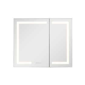 Lighted Medicine Cabinet with Mirror, 36 x 30 in Recessed or Wall Mount, 3 Color Dimmable LED Bathroom Medicine Cabinet with HD Mirror, Clock